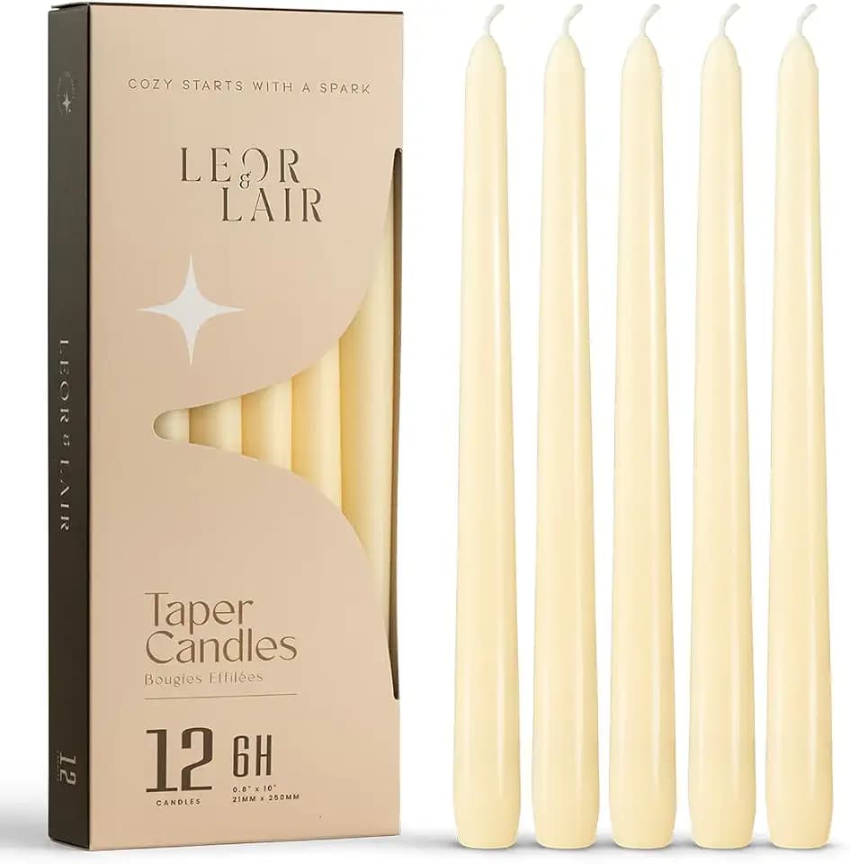 Leor & Lair Ivory Taper Candles, 12 Pack, 10" Unscented Ivory Candlesticks