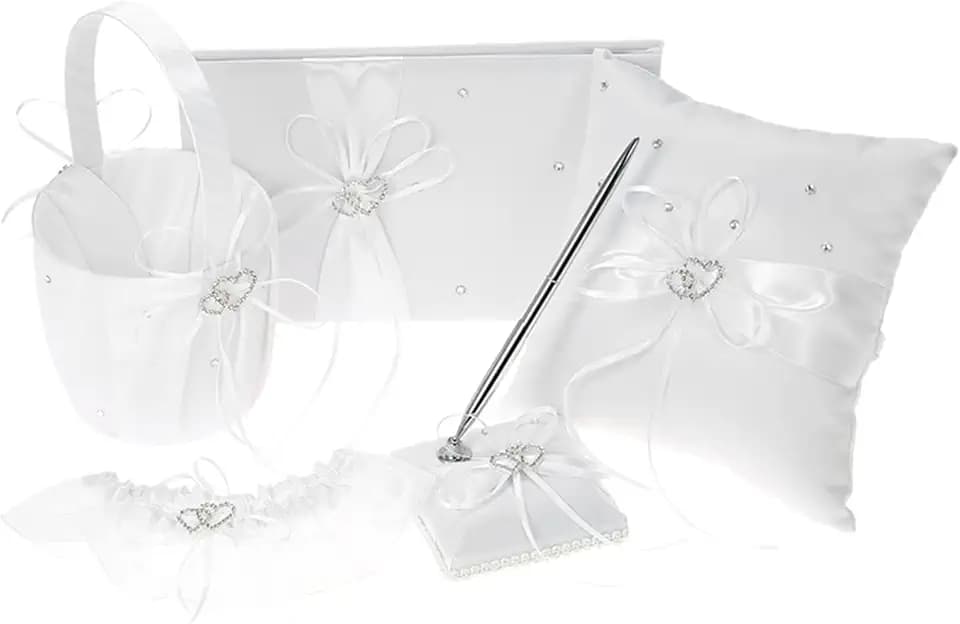 Wedding Supplies Double Heart Satin Flower Girl Basket Ring Bearer Pillow Guest Book Pen Holder Bride Garter Set(Satin-5PCS)