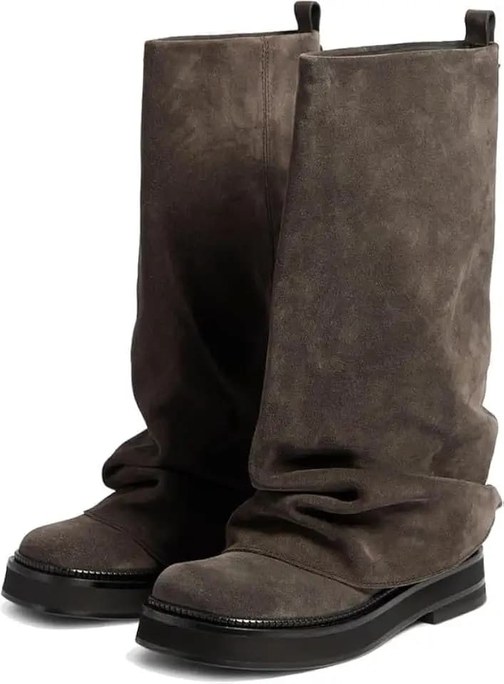 MAVMAX Women Slouchy Knee High Boots Casual Round Toe Pull On Riding Biker Boots Fold Over Chunky Low Heel Platform Boot