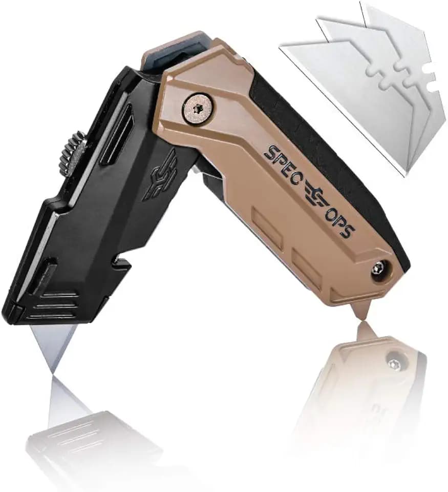 Spec Ops Tools Utility Knife for Cutting Drywall, Roofing & Jobsite Materials, Includes 3 Blades in Handle Storage, Retractable Blade, Folding