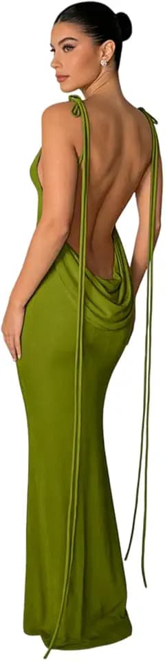 JUMISEE Women Sexy Backless Draped Maxi Dress Elegant Sleeveless Spaghetti Strap Evening Dress Long Club Party Beach Dress