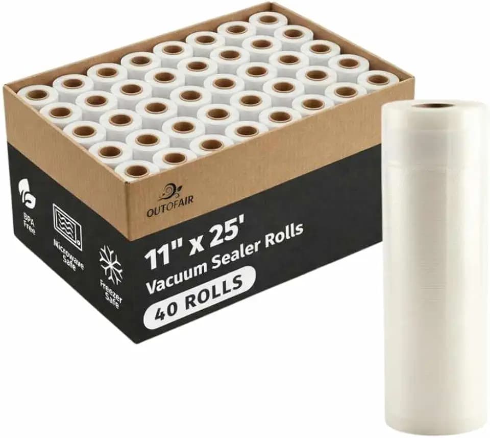 OutOfAir 11” x 25’ Vacuum Sealer Bags Rolls 40 Pack (Bulk Case) - Heavy Duty 7 Layer 4 Mil Plastic, BPA Free, Food Safe, Fits All Vacuum Sealer Machines, Sous Vide Compatible