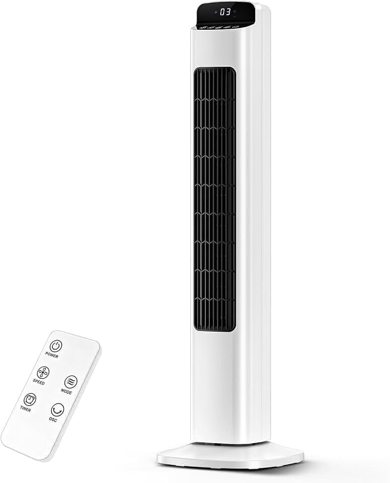 Electactic Tower Fan for Bedroom, 25 ft/s Quiet Oscillating Standing Fan with Remote, 36" Portable Bladeless Floor Fan, 5 Speeds, 3 Modes, 12H Timer, LED Display for Home, Office, White