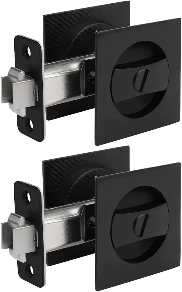 goldenwarm Matte Black Square Pocket Door Lock, Pocket Door Hardware for 2-1/8'' Round Bore Hole, Pocket Door Handles Fit 1-1/4'' to 2'' Thickness Sliding Door 2-3/8'' Latch 2 Pack