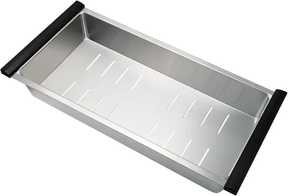 SANYCASA Stainless Steel Colander for Workstation Kitchen Sink, 304 Heavy Duty Strainer Basket, Large Capacity Kitchen Sink Drainer for Pasta, Fruits & Vegetables, 17" x 8" x 3"