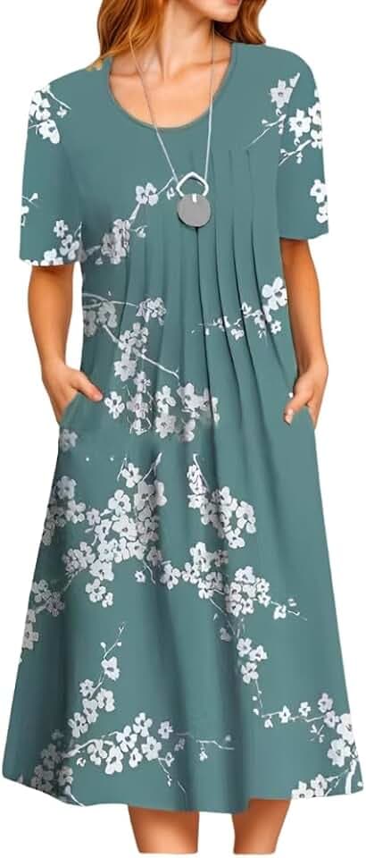 Akivide Women's Boho Floral Print Summer Crewneck Midi Tshirt Dress Casual Loose Short Sleeve Beach Dresses with Pockets