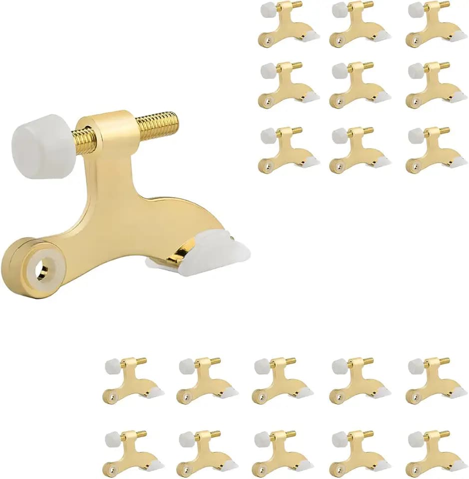 HOMOTEK 20 Pack Hinge Pin Door Stopper, Hinge Stops for Top of Door, Adjustable Deluxe Heavy Duty Gold Door Stop 2-1/2x1-3/4 inch, with White Rubber Bumper Tips, Bright Brass