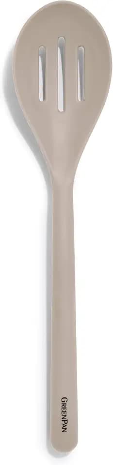 GreenPan Silicone Slotted Spoon, Cooking Kitchen Utensil, Mixing Stirring Serving, Flexible Rubber Nonstick Cookware, Rigid Steel Core Heat-Resistant, Anti-Slip Handle, BPA-Free Dishwasher Safe, Taupe