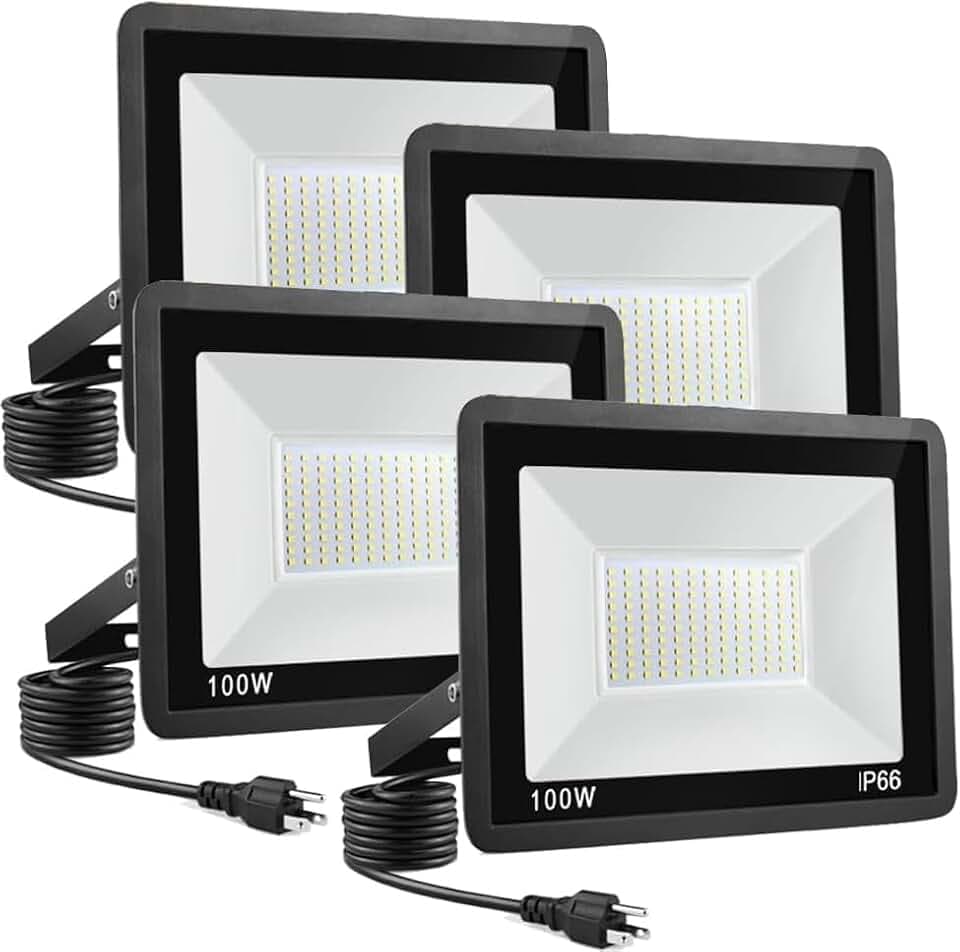 4-Pack 100W LED Flood Light , 11000m with 5.91FT/1.8m Cord Super Bright Security Lights, IP66 Waterproof Outdoor Flood Light, 5000K Daylight White Floodlight for Yard, Garden,Basketball Court, Arena