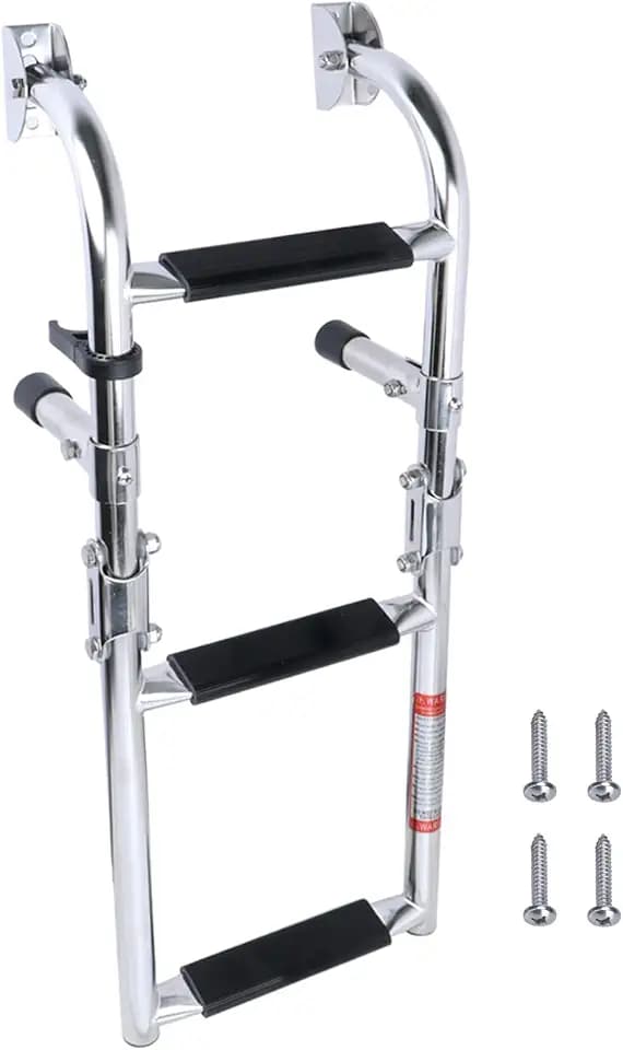 Folding Boat Ladder, Stainless Steel 3 Step Swim Ladder, Collapsible 2+1 Step Ladder for Swimming Pool Pontoon Dock Stern Mount W Rubber Grips