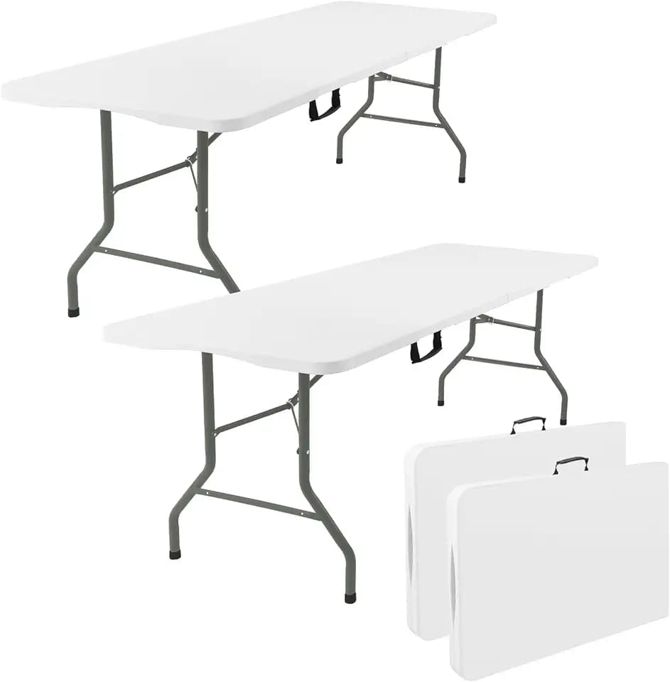 Fivenl 2 Pack 6 Feet Portable Folding Table White, Steel Legs Fold-in-Half with Carrying Handle Rectangular Plastic Foldable Table for Party, Wedding, Camping, Picnic, Dining, Indoor Outdoor Events
