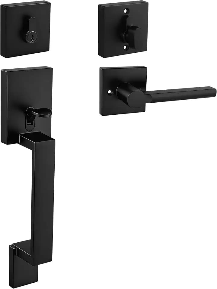 Probrico Front Door Handle and Deadbolt Set,Matte Black Front Door Lock Set,Exterior Door Handle and Single Cylinder Deadbolt with Reversible Handle Lever,Entry Door Lockset with Deadbolt