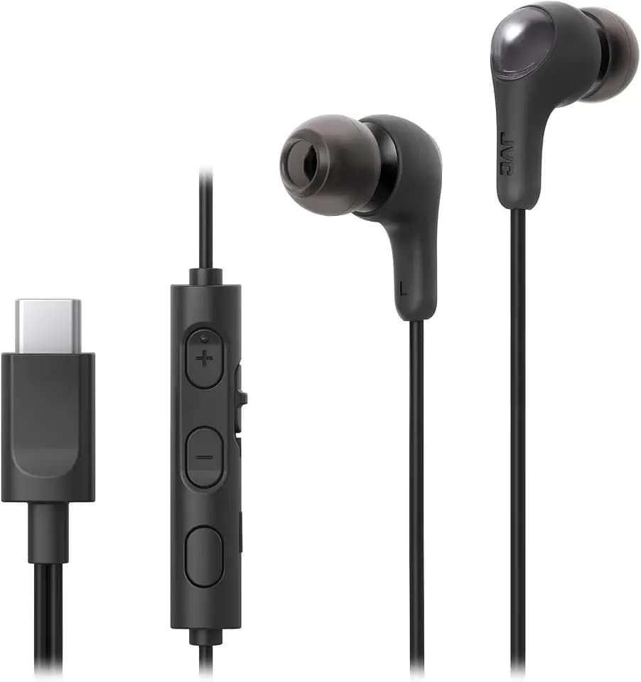 JVC HA-FR9UC-B - USB Typ-C kabelgebundener Kopfhörer mit kraftvollem und kristallklarem Klang, praktischem Mikrofon und 3-Tasten-Fernbedienung in äußerst kompakter Bauform (Schwarz)