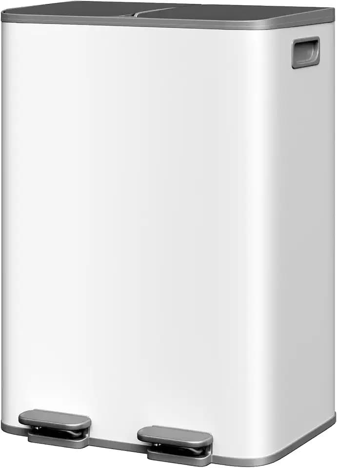 GarveeHome 2 x 8 gal Stainless Steel Double Trash Can with Lid for Kitchen, Large Dual Trash and Recycle Bin Combo, Step-on Kitchen Metal Garbage Cans, PP Inner Buckets, Liner Rim, Grayish-White