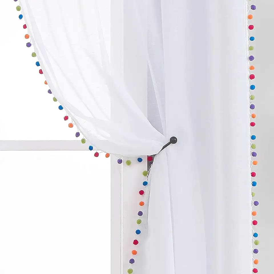 Sheer White Curtains with Multi-Color Pom-Pom 52x84" Nursery Window Drapes