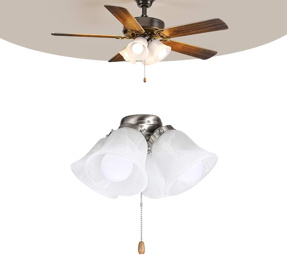 VEVOR Ceiling Fan Light Kit, Four-Light 3000K 750lm Fan Light Kit with Pull Chain, Replacement Light Fixture for Living Room, Bedroom, Home Decor, Cloud White Glass Shade Brushed Nickel, Floral Shape