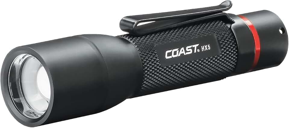 Coast HX5 410 Lumen LED Flashlight, Pure Beam Focusing, Slide Focus, Pocket Clip, Weatherproof, Pocket Sized, Black