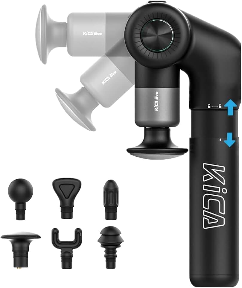 Kica EVO Muskelmassagepistole mit verstellbarem Arm und 32.9 cm ausziehbarer Stange für professionelle Tiefengewebe-Rückenmassage, Sportler-Schmerzlinderung, integrierte Wärmekompresse, 6 Köpfe