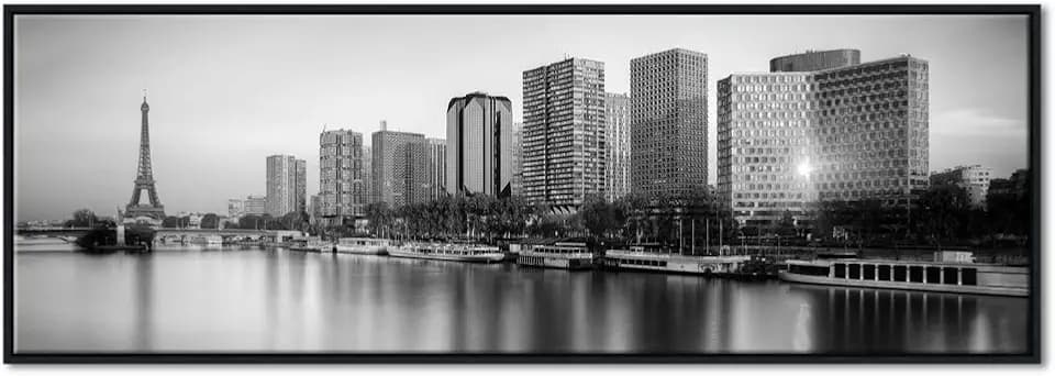 Pyradecor Black Framed Panoramic Black and White Paris City Canvas Wall Art, Eiffel Tower Seine River Modern Skyscraper Cityscape Print, Minimalist Monochrome France Urban Landscape Ready to Hang for Living Room Bedroom Office Hotel Decor