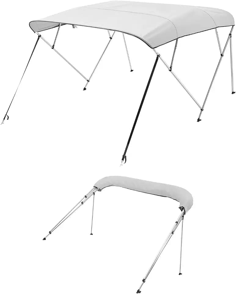 VEVOR 4 Bow Boat Bimini Tops, 600D Polyester Canopy with Aluminum Alloy Frame, Waterproof & Sun Shade Boat Awning Canopy with Storage Bag, 2 Support Poles, 4 Straps, 96"Lx(85"-90")Wx54"H, Light Grey