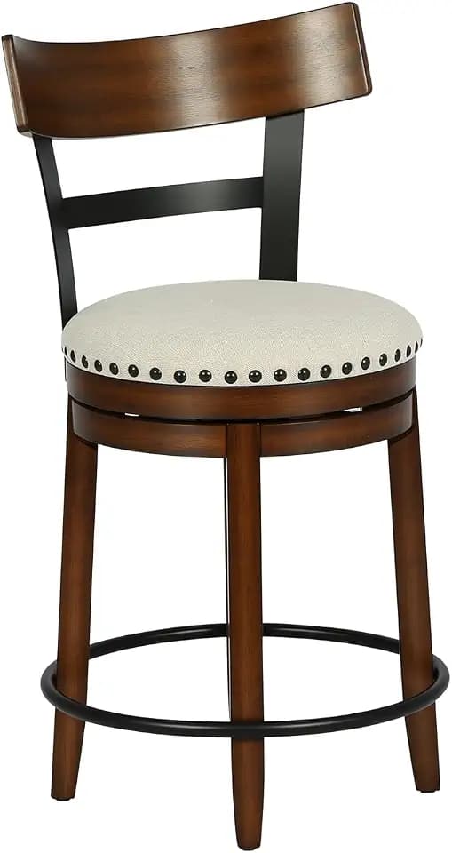 FDW Swivel Counter Height Bar Stool with Back, 24 Inch Upholstered Bar Stool, 360° Swivel Seat with Footrest, Metal Wood Frame, Brown