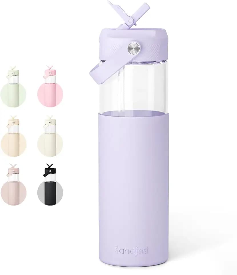 SANDJEST Glass Water Bottle with Silicone Sleeve and Straw Lid 20oz for Girls Women, Glass Drinking Bottles for Travel Home Gym Sports (Amethyst Whisper)
