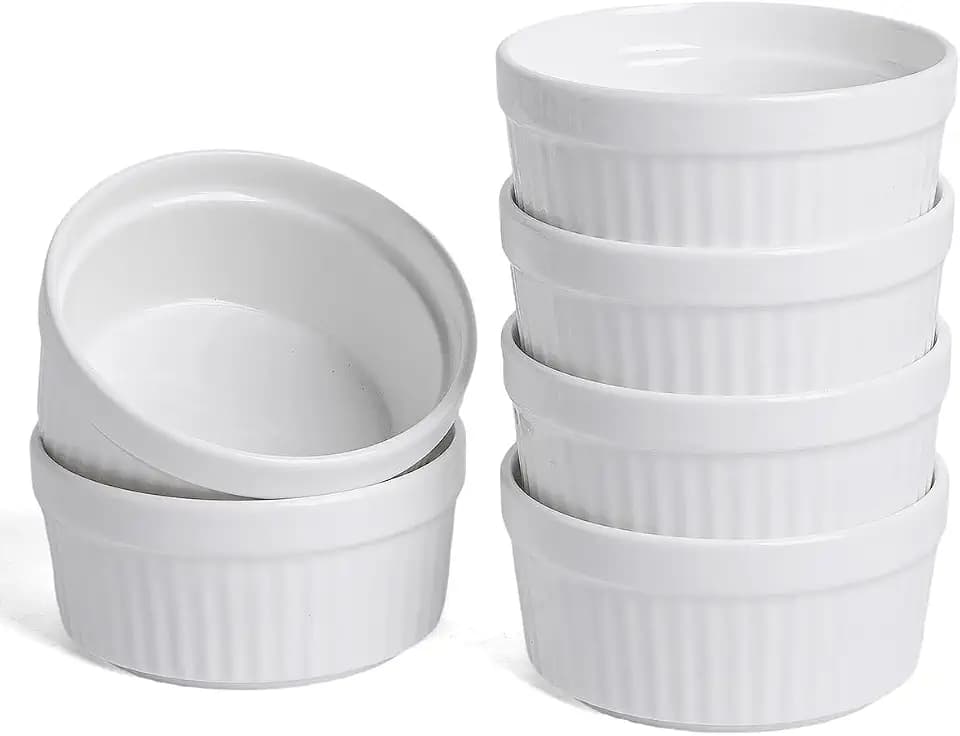 7 oz Ramekins Set of 6, Oven Safe Porcelain Ramekin Bowls for Creme Brulee, Souffle & Custard, Dessert Cups & Dipping Sauce Dishes, Stackable, Soft White