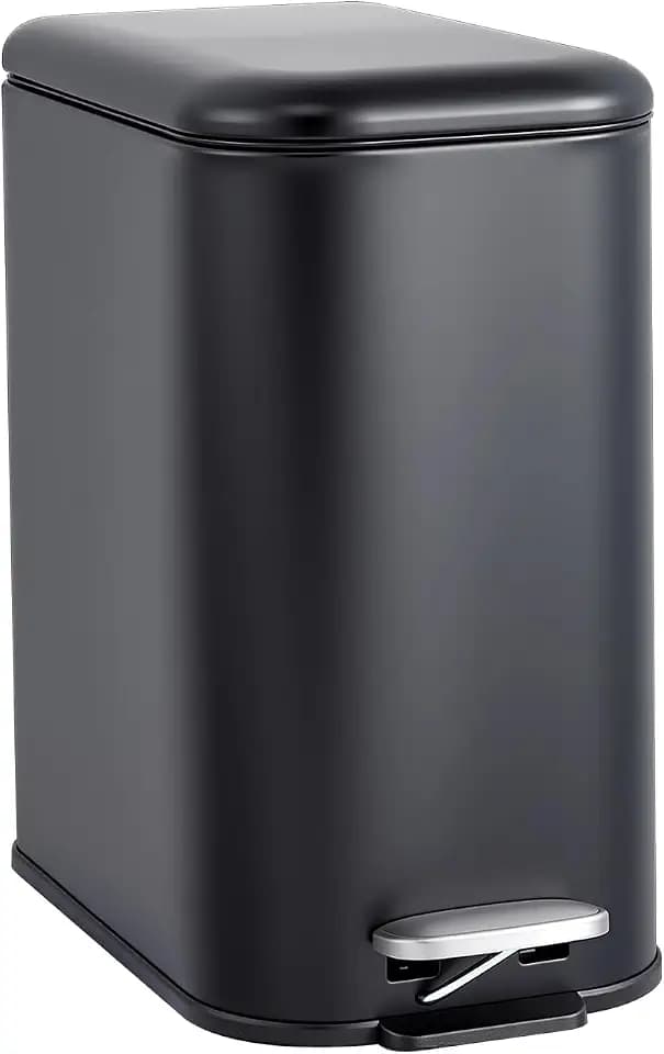 GlowSol Bathroom Trash Can with Lid, 3.2 Gallon 12 L Stainless Steel Step Trash Can with Removable Liner Bucket, Slim Small Wastebasket for Toilet Bedroom Office, Black