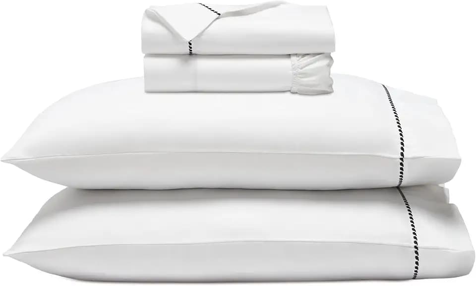 SUPERIOR Cotton Blend 600 TC Embroidered Hem Bed Sheets, Split King, White Black