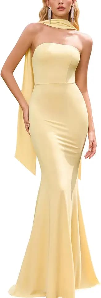 GLNEGE Women's Bodycon Formal Wedding Guest Maxi Dresses with Scarf Summer Strapless Elegant Cocktail Party Dress 2026