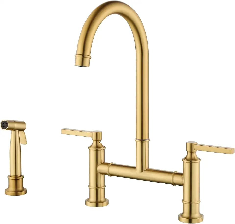 Kitchen Faucet with Side Sprayer 59" Extra Long Hose Pull-Out Spray High Arc Dual Handle Swivel Kitchen Sink Faucets 3 Holes Stainless Steel Brushed Gold Faucet for Commercial Laundry Farmhouse