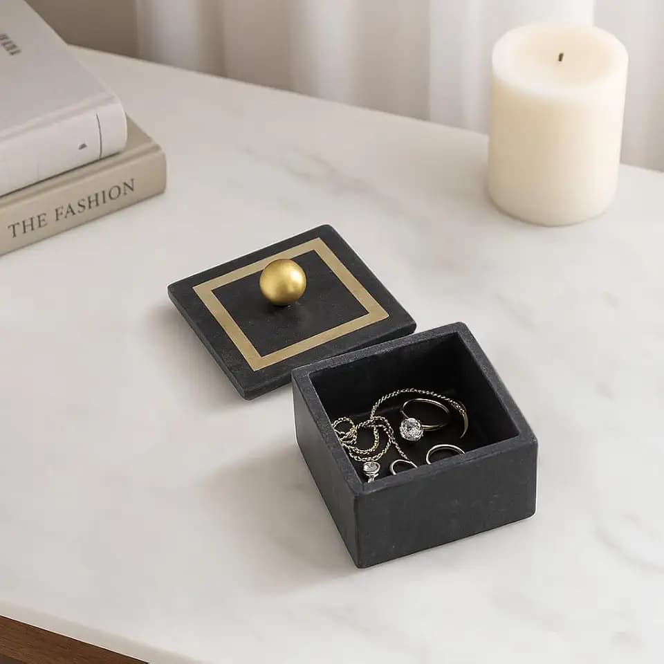 Minimalist Decorative Box for Home Decor – Marble Keepsake Box with Brass Inlay & Lid – Ideal Jewelry Box and Modern Home Organizer – Perfect Addition to Storage Boxes for Shelves – 5" by 5", Black