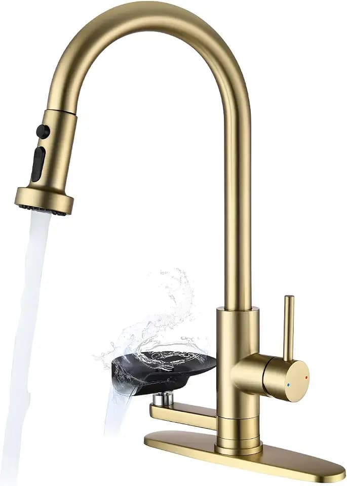 Pull Down Kitchen Faucet with Glass Rinser, 3 Spray Modes, Brushed Gold