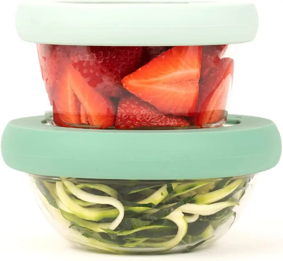 Food Huggers Replacement Lids for Glass Storage Containers | Silicone & Glass Lids that Don’t Crack | Fits Most Round Container Brands & Bowls | 100% Plastic Free | 2 Lid Set (S,M), Gradual Green