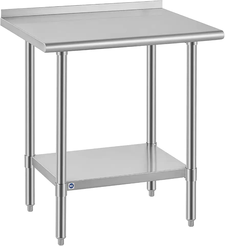 ROCKPOINT SS304 Top All Stainless Steel Table for Prep & Work with Backsplash 24x30 Inches, NSF Commercial Kitchen Heavy Duty Table with Adjustable Undershelf for Restaurant,Kitchen, Home and Hotel
