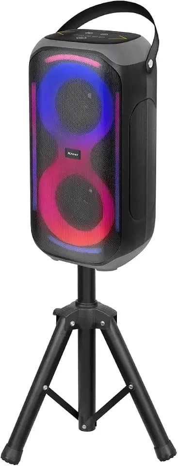 Trevi XFest XFM 225 W Wireless Lautsprecher 50 W mit Stativ und Mikrofon, kabellos, tragbarer Lautsprecher für Partys und Karaoke mit TWS, USB, AUX-IN, mehrfarbige LED-Lichter, wiederaufladbarer Akku
