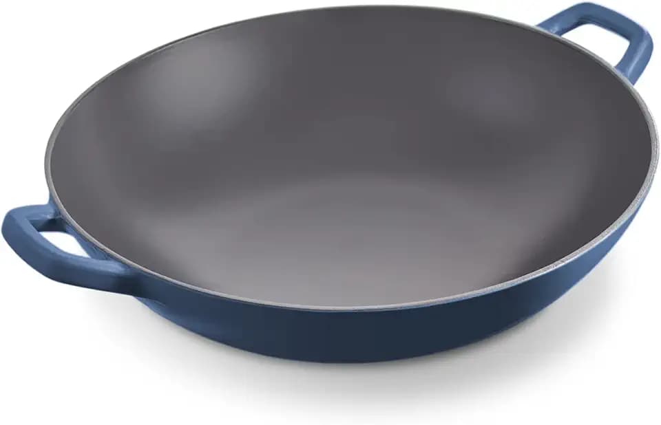 Zakarian By Dash 14” Nonstick Cast Iron Wok for Restaurant Quality Stir Fry, Seafood, Deep Frying, and Steaming - Blue