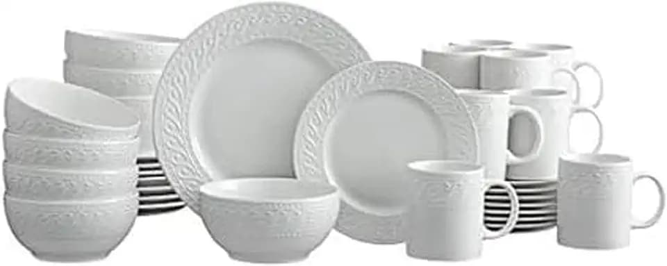 Pfaltzgraff Sylvia Dinnerware Set 32-Piece Service for 8 - White Porcelain Dinner Plates, Salad Plates, Soup Bowls and Mugs with Embossed Scrollwork