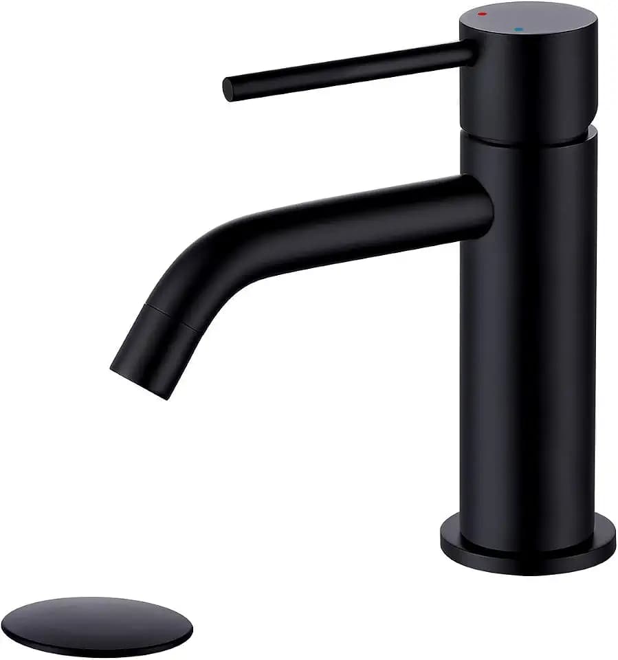 Single Hole Matte Black Bathroom Faucet with Pop Up Drain Assembly and Faucet Supply Hose, JXMMP Single Handle Lavatory Faucets for Sink, Black Sink Faucet Bathroom