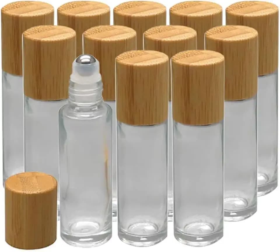 Glass Roll On Bottle with Bamboo Lid for Essential Oils 12Pcs