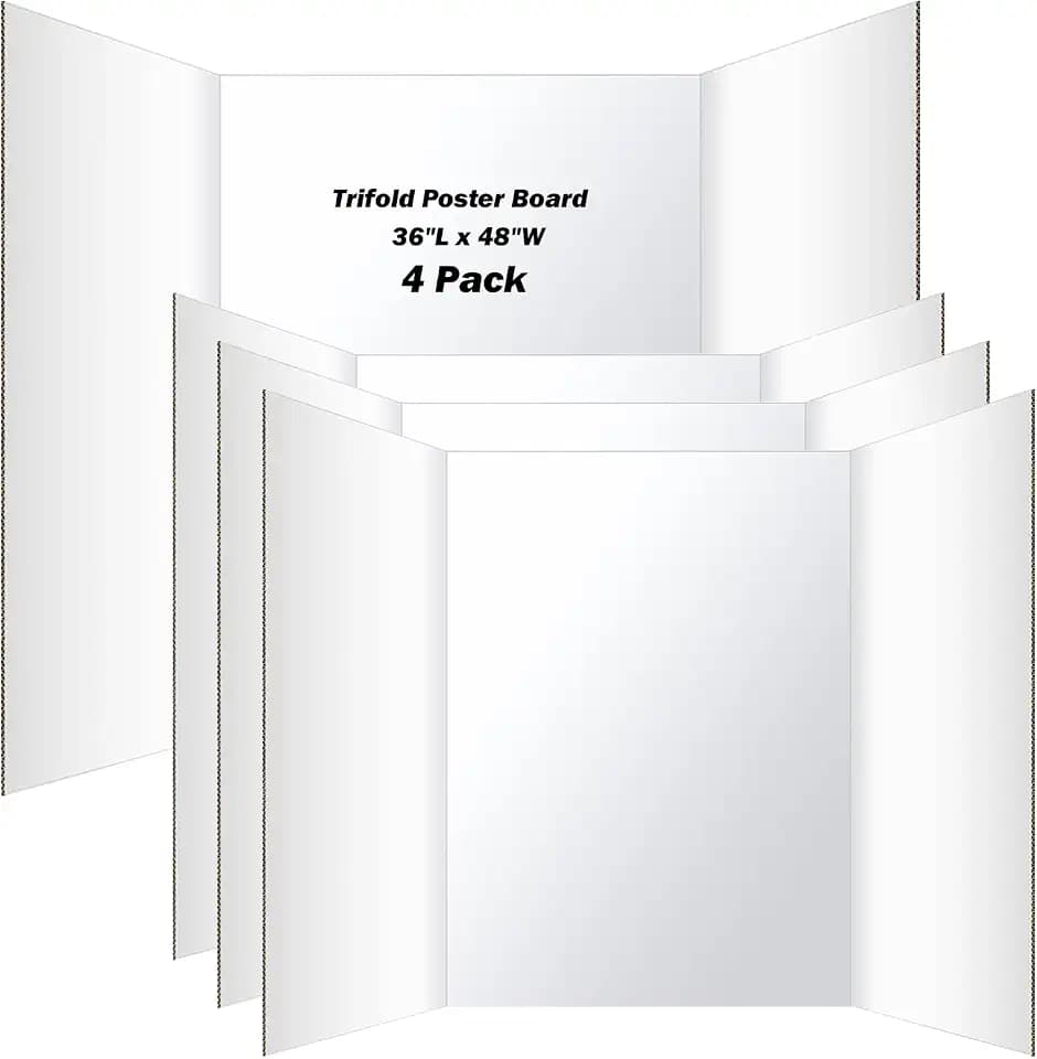 4 Pack Trifold Poster Board, 36×48 Inch Display Board with Pre-Creased Design, 3mm Thick Large Size Project Board, Multipurpose Presentation Board for Science Fairs, School Projects & Events