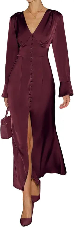 RIHOAS Women's Sexy Formal Cocktail Dress - Long Sleeve Long Dresses for Wedding Guest, Prom Night & Birthday Celebration Wine Red Valentines Day Dress