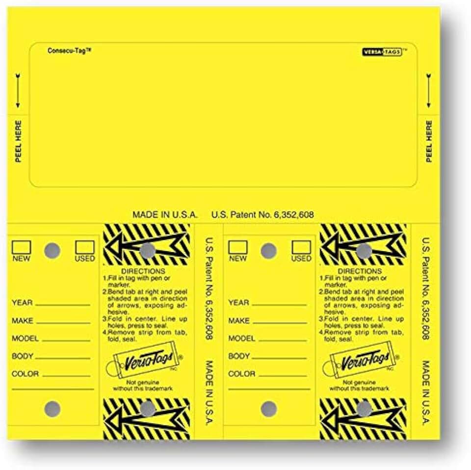 Yellow Blank UNNUMBERED CONSECU-TAG Versa Tags 2 Key Tags 1 Stock TAG Window WINDSHEILD Sticker CAR LOT AUTO Dealer Supplies