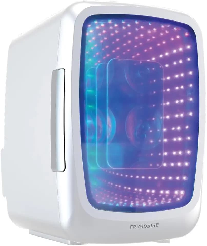 Frigidaire Gaming Light Up Mini Beverage Refrigerator, 6 can, 4 liters, Cooler with large see through door and LED lights Perfect for Gaming Experience, Home, Office, or Cars.12V Charger (White)