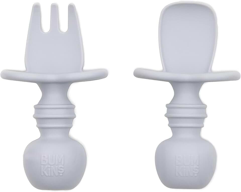 Bumkins Baby Utensils Set, Chewtensils Silicone Spoons for Dipping, Self-Feeding, Baby Led Weaning, Trainer Learning, First Stage Eating, Soft Practice Fork and Spoon, Babies 6 Months, Gray