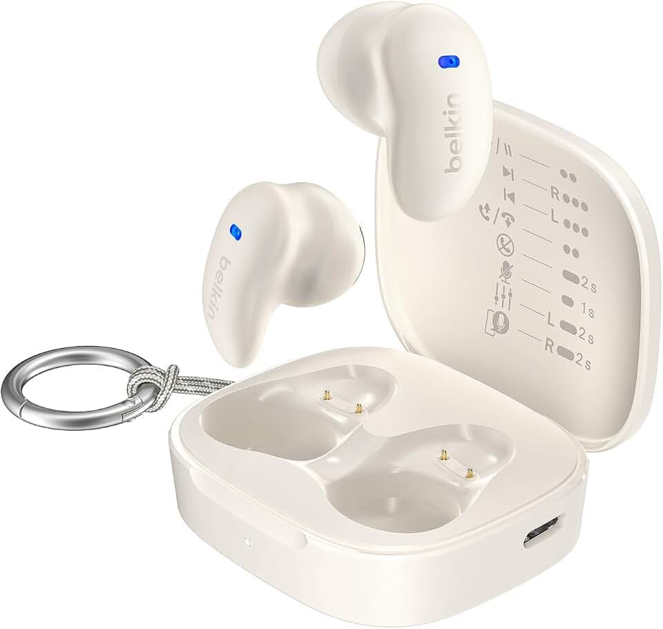 Belkin SoundForm Anywhere In Ear Kopfhörer Kabellos Bluetooth 6.0 für Seitenschläfer, Leicht, Komfortabel, 26 Std. Akkulaufzeit, IPX4, Schlafkopfhörer zum Schlafen, für Sport usw. – Cremefarben
