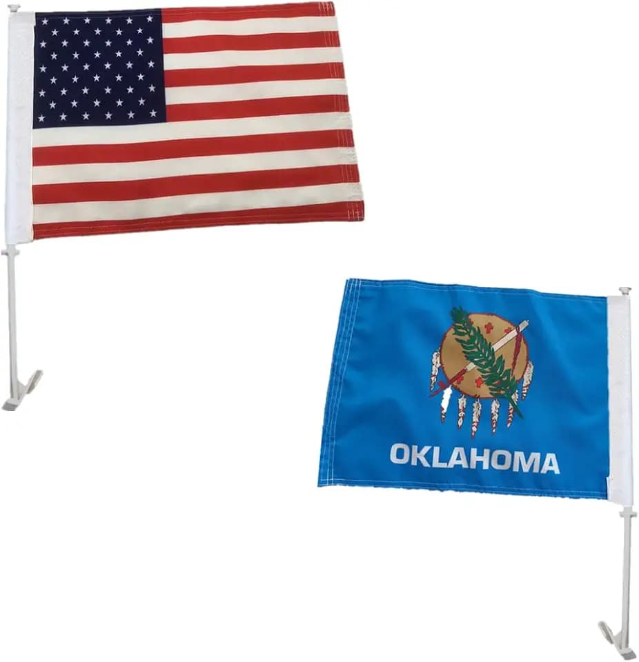 2 Pack America US National and Oklahoma State Car Flags 11" x 17" with Flagpole Mount,Premium 200D Polyester OK State Car Flag,19" Flagpole Fixed Window Clip Mount for Most Vehicle Window.