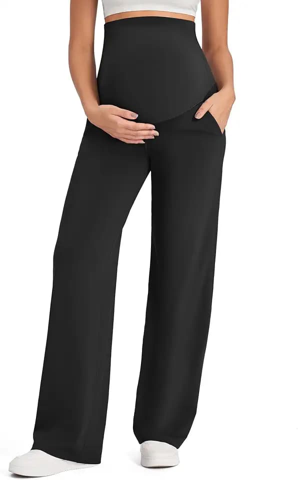 G4Free Umstandshose Damen Hohe Taille Yogahose mit Taschen Weites Bein Umstandsmode für Schwangere Lang Freizeithose Stretch Lose Gerade Hose Klein/Regulär/Groß