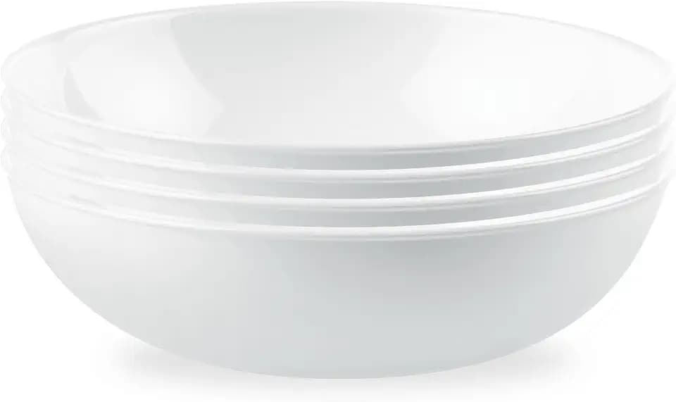 Corelle 4-Pc Meal Bowls Set Service for 4, Durable and Eco-Friendly 9-1/4-Inch Glass Bowls, Compact Stack Bowl Set, Microwave and Dishwasher Safe, White, 46 Ounces