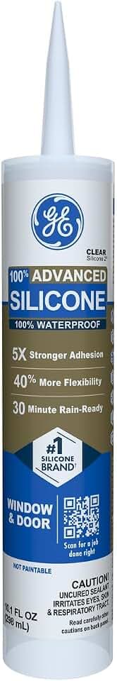 GE Advanced Silicone Caulk for Window & Door, Clear, 10 fl oz Cartridge, 1 Pack - 100% Waterproof Silicone Sealant, 5X Stronger Adhesion, Shrink & Crack Proof